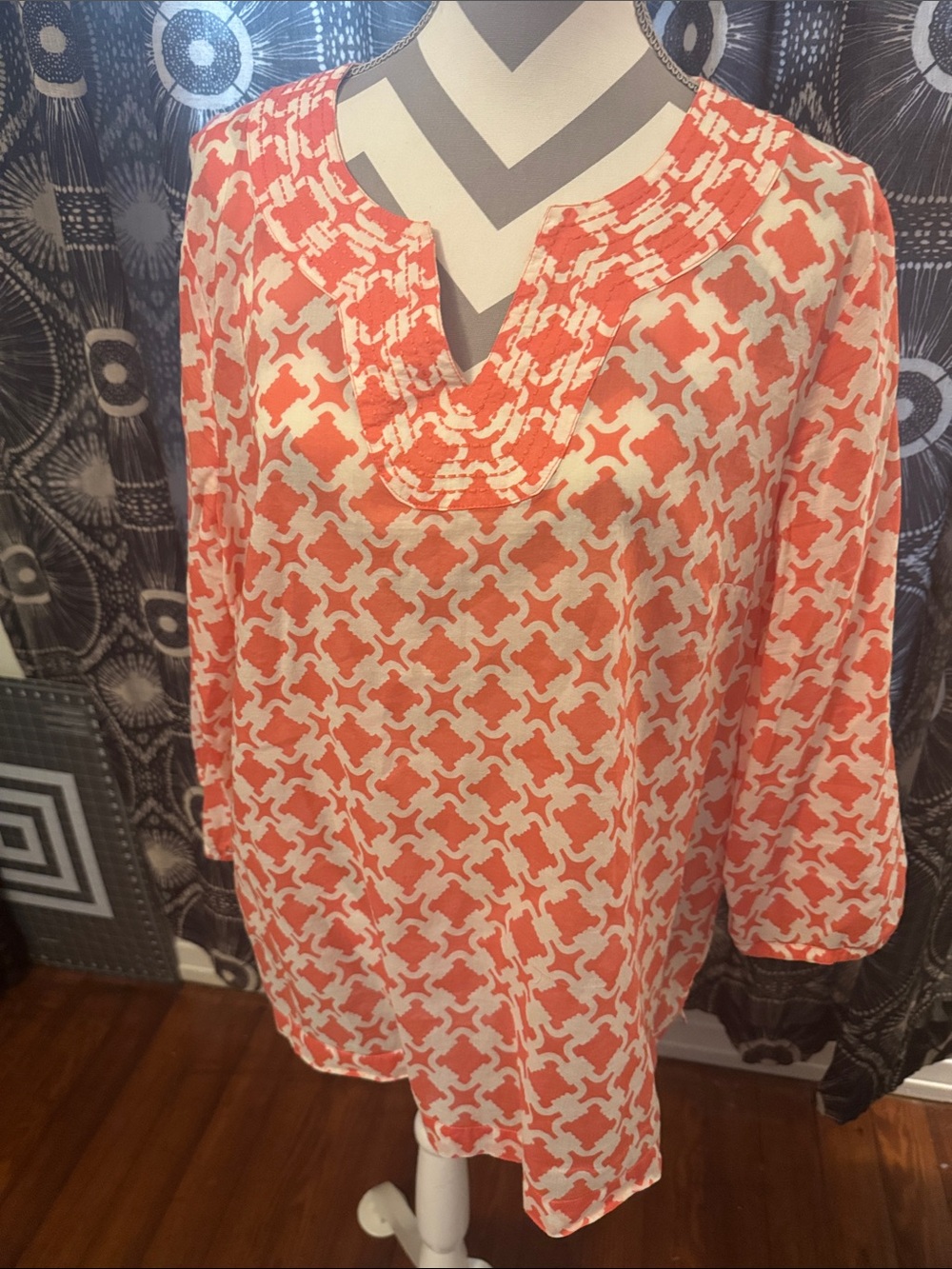 Talbots Coral and White Printed Tunic Top Size XL
